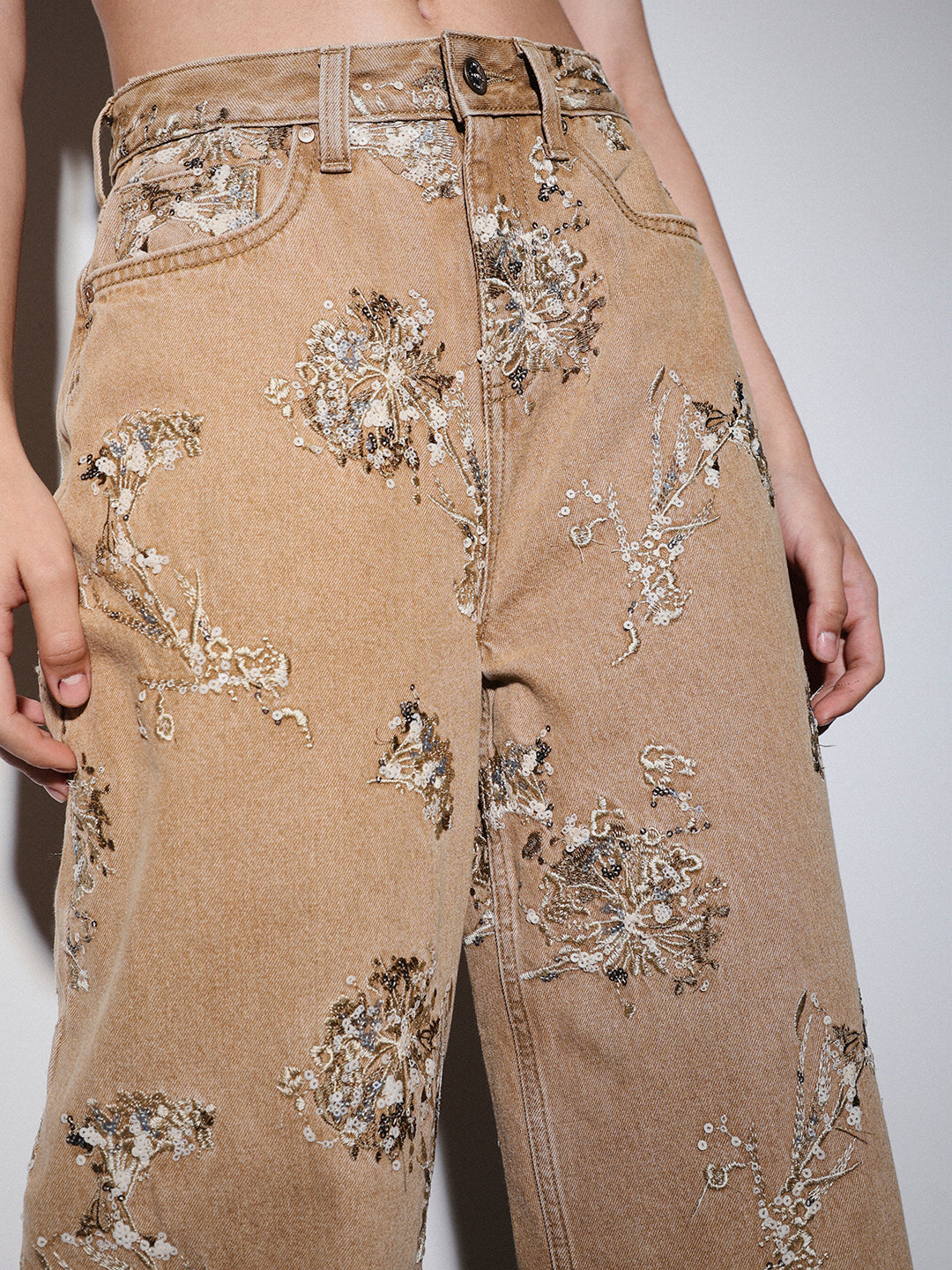 Brown Sequin Embellished Jeans