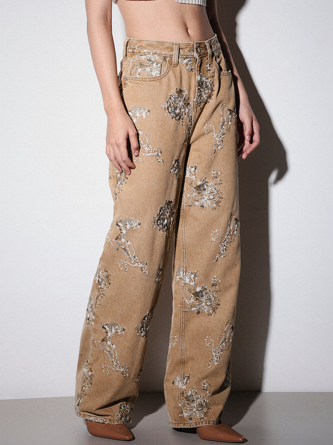 Brown Sequin Embellished Jeans