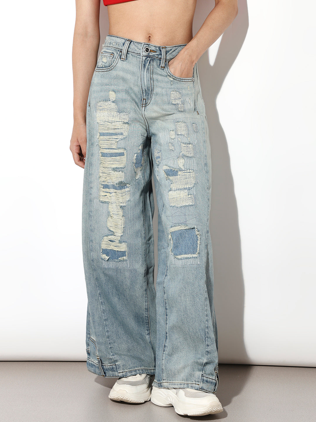 Blue Worn Out Wide Leg Jeans