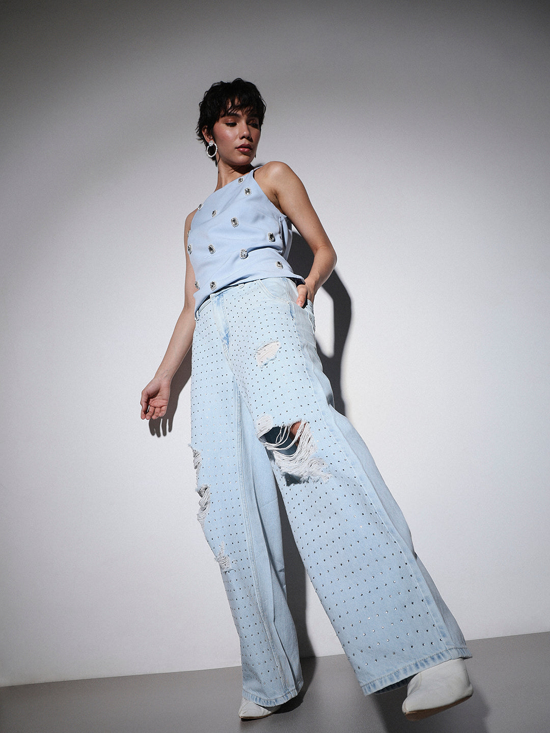 Stud Embellished Wide Leg Jeans