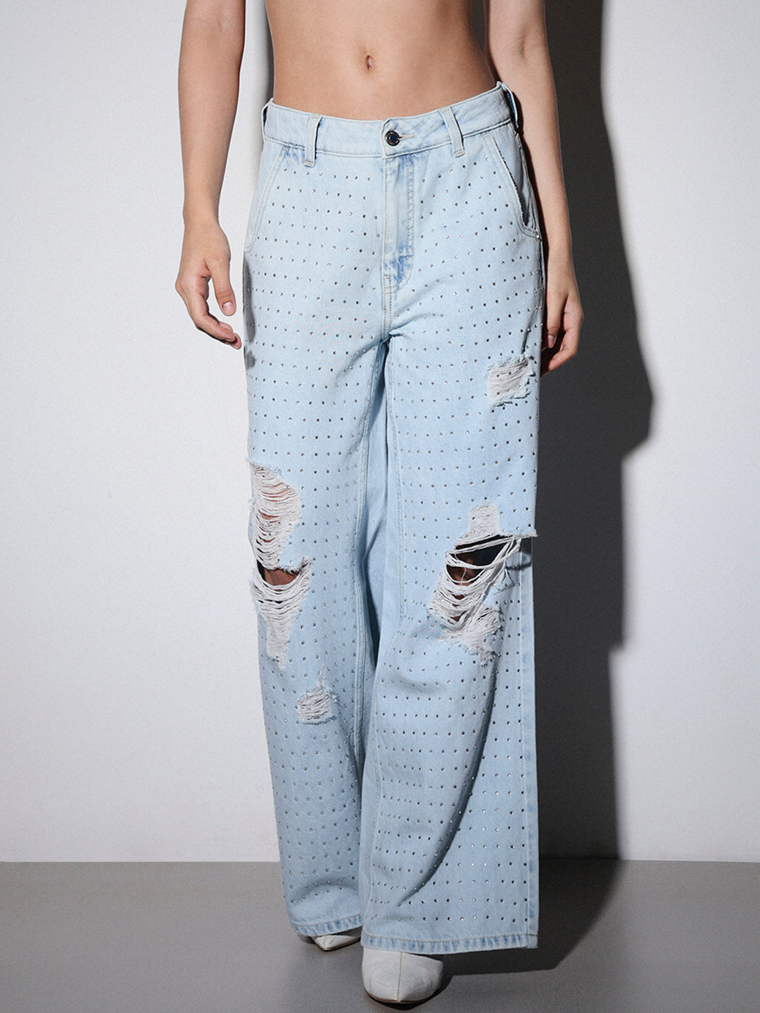 Stud Embellished Wide Leg Jeans