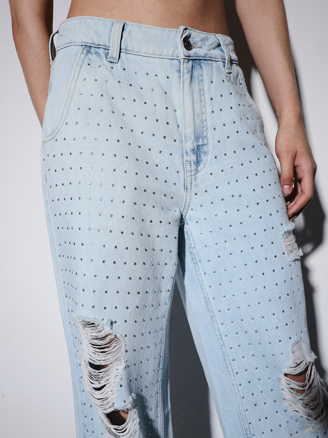 Stud Embellished Wide Leg Jeans