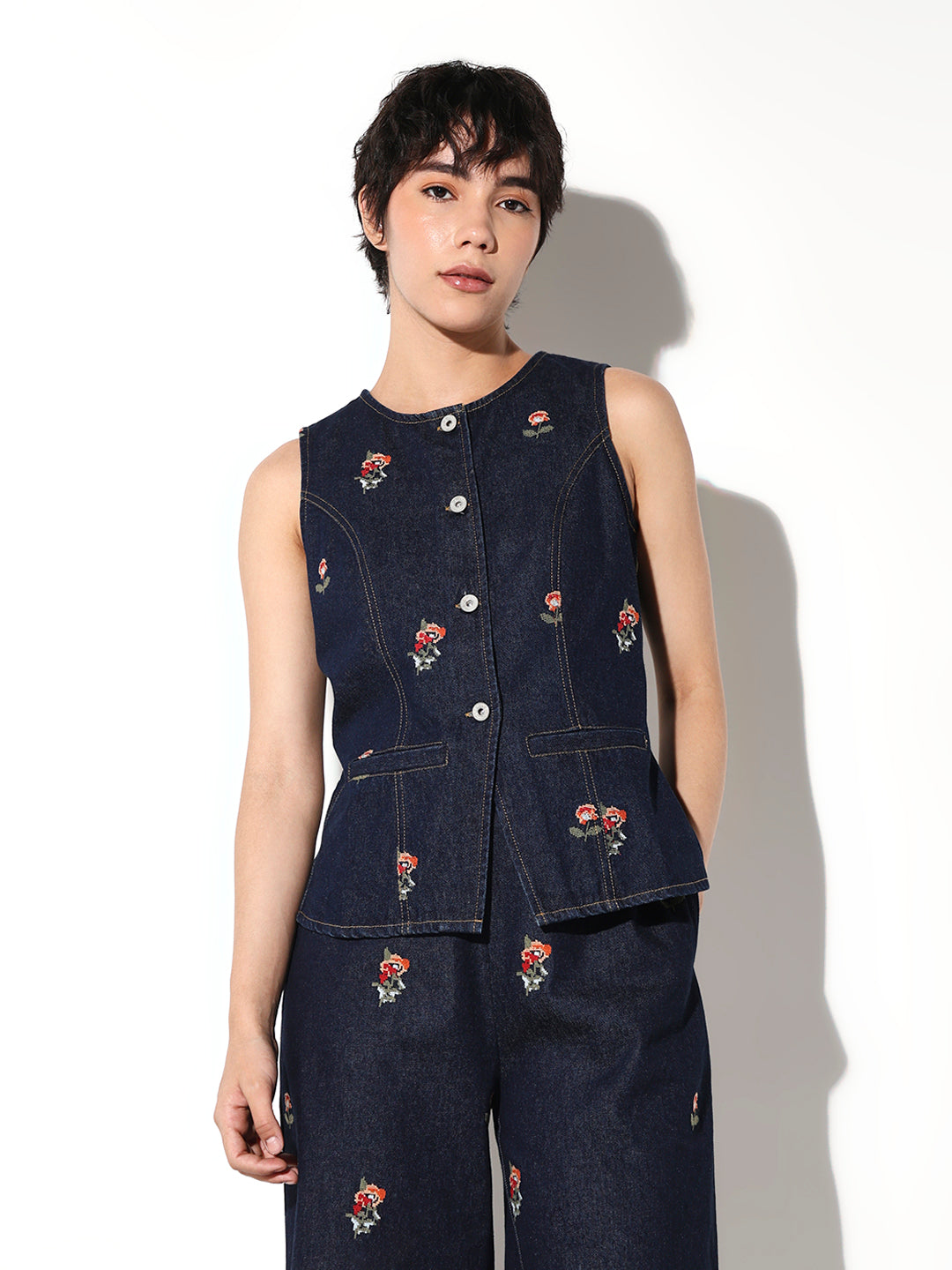Denim Floral Waistcoat