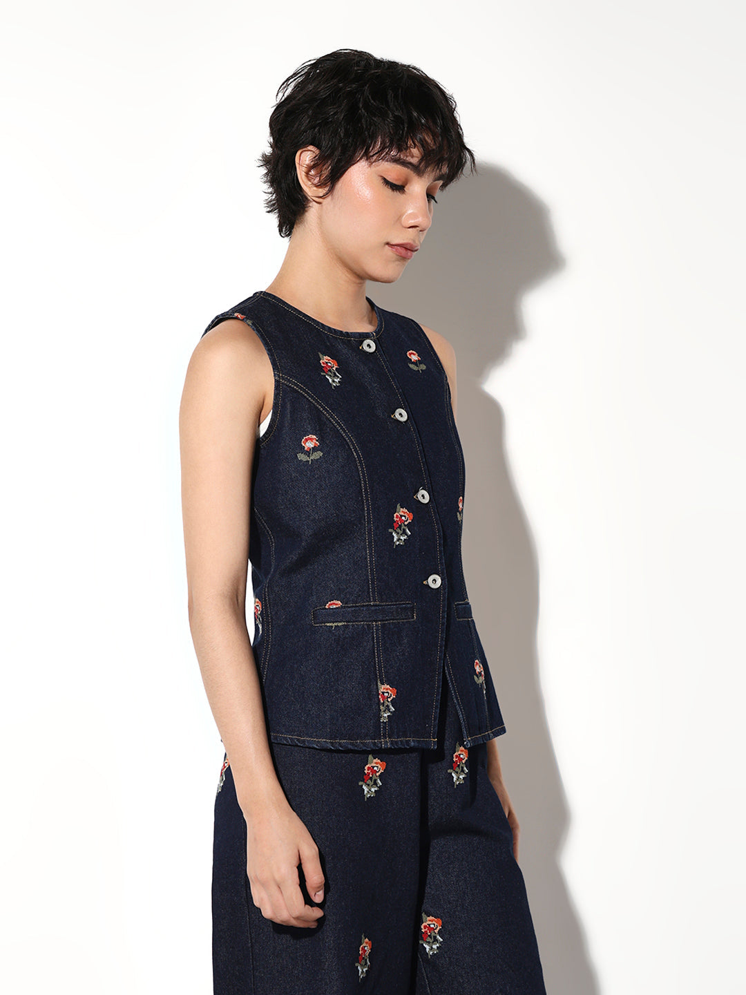Denim Floral Waistcoat