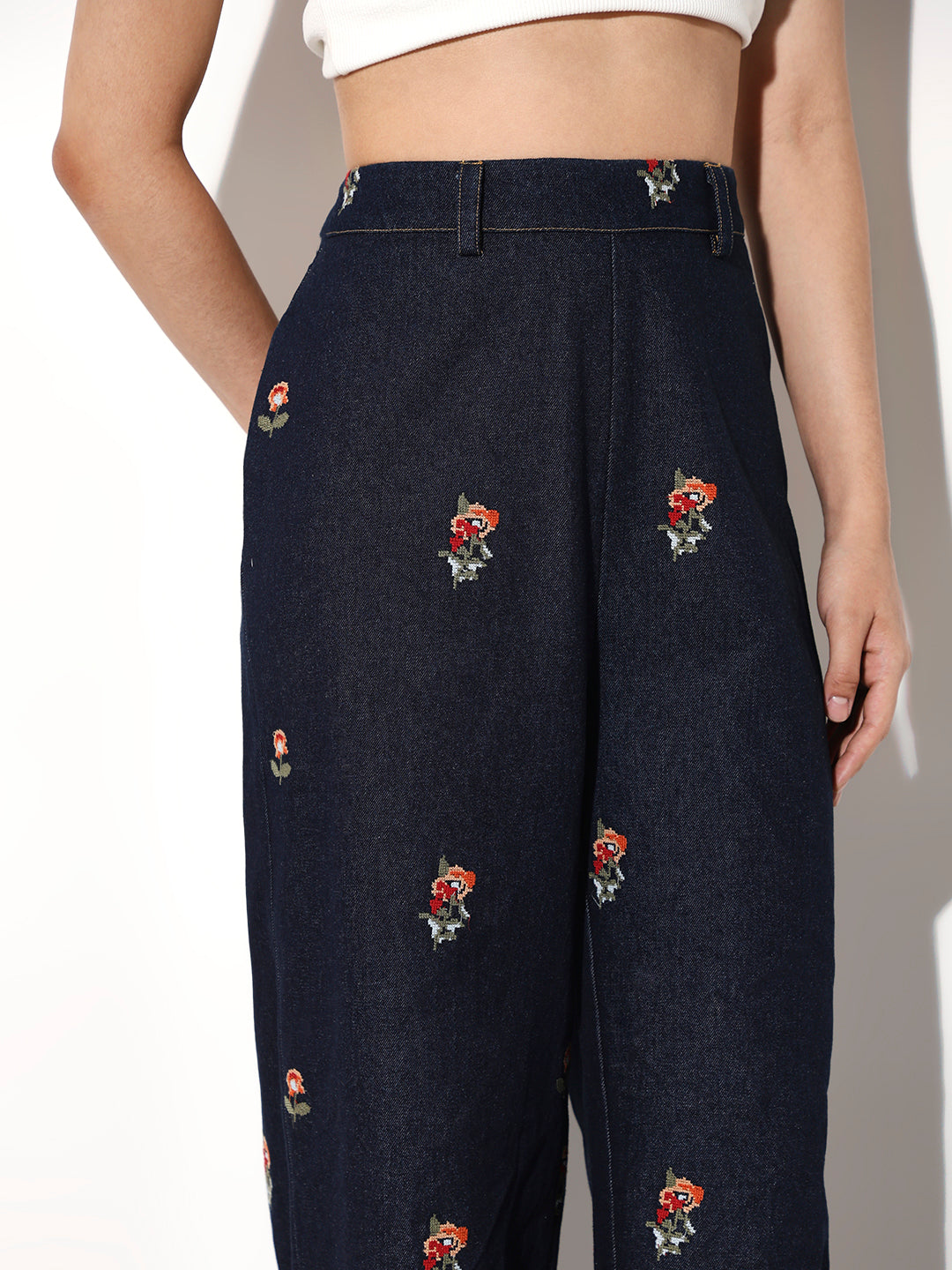 Floral Embroidered Wide Leg Jeans