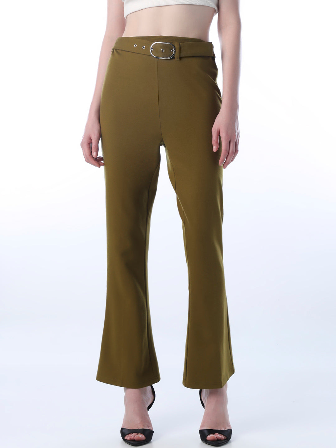 Belted Flared Pants - Green