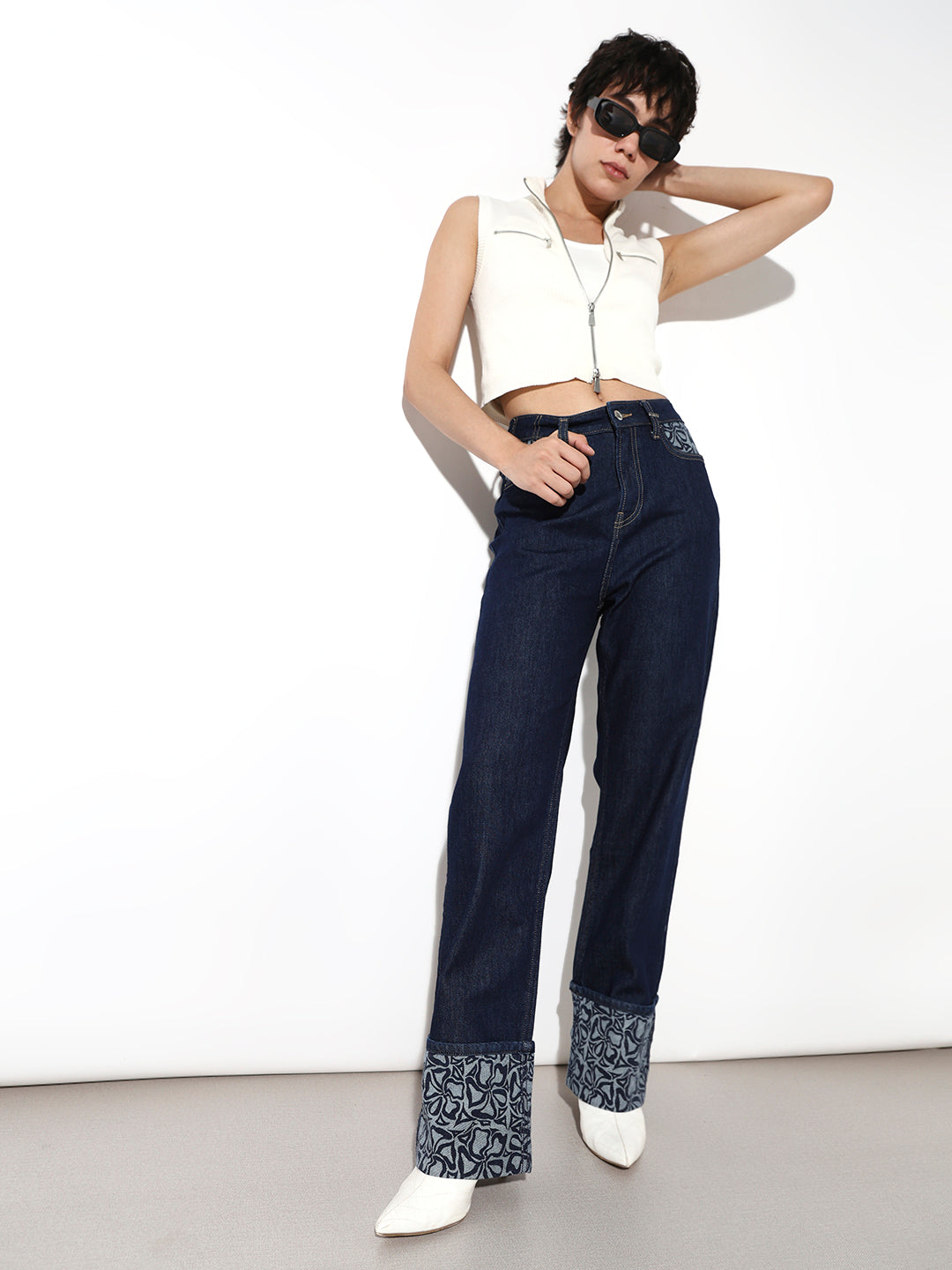 Dark Blue Floral Print Straight Fit Jeans