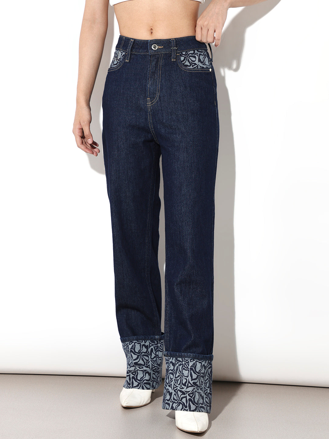Dark Blue Floral Print Straight Fit Jeans