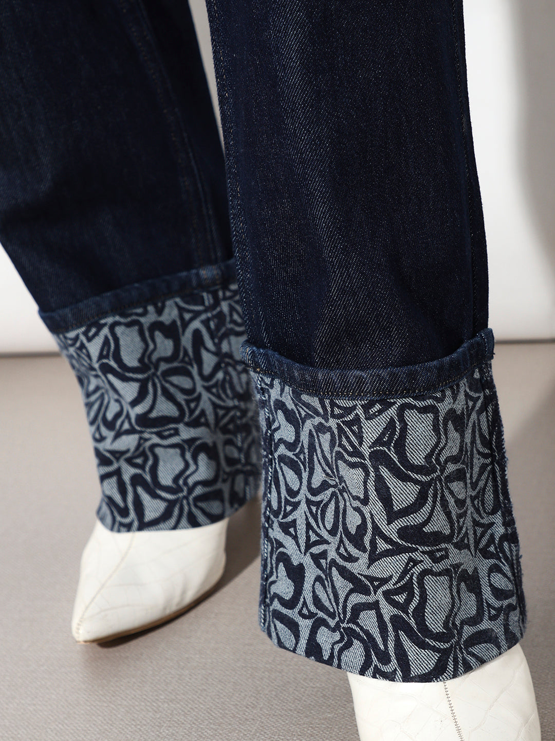 Dark Blue Floral Print Straight Fit Jeans