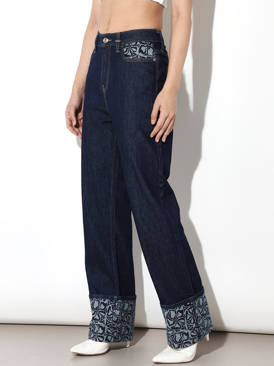 Dark Blue Floral Print Straight Fit Jeans