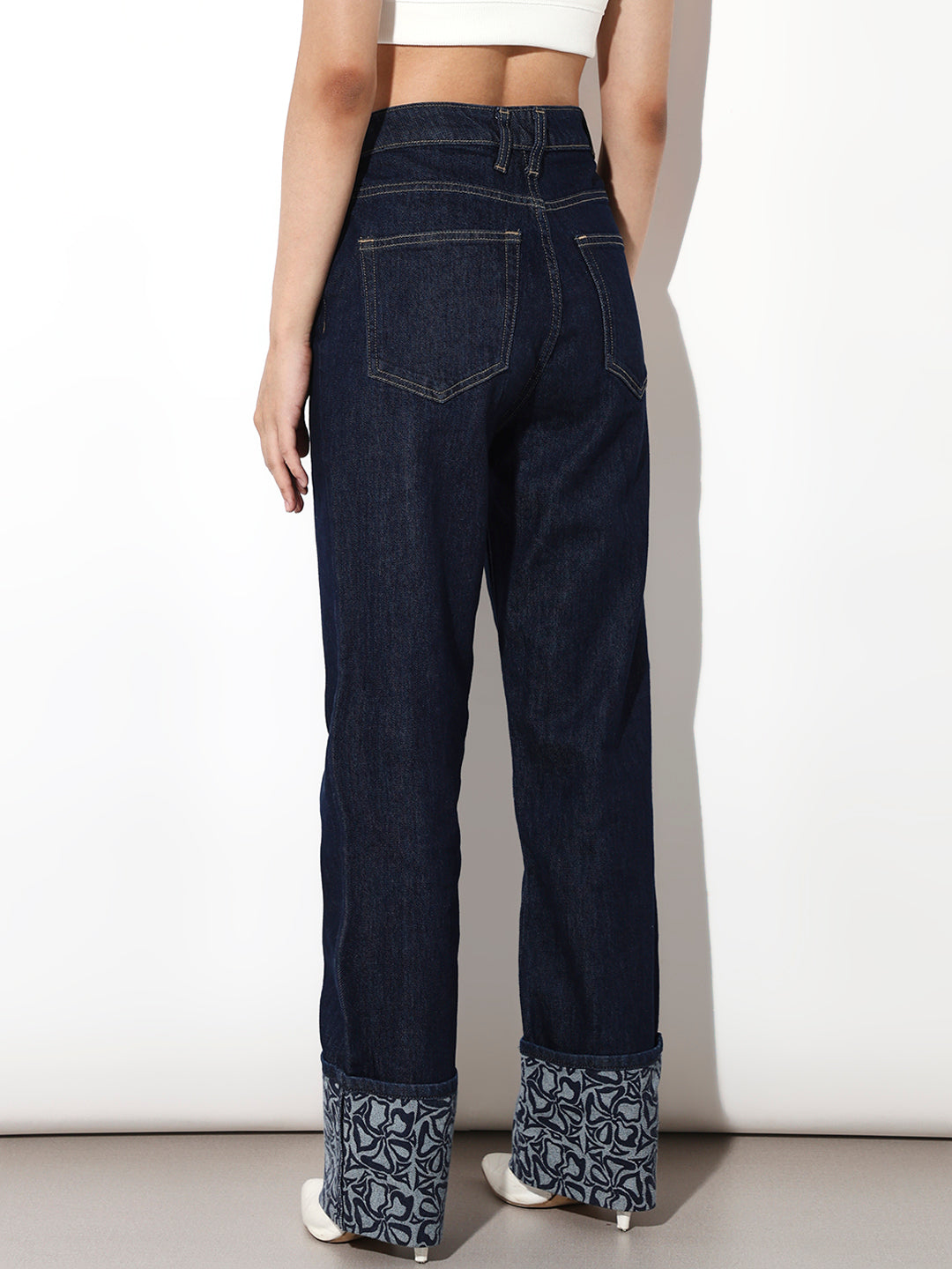 Dark Blue Floral Print Straight Fit Jeans