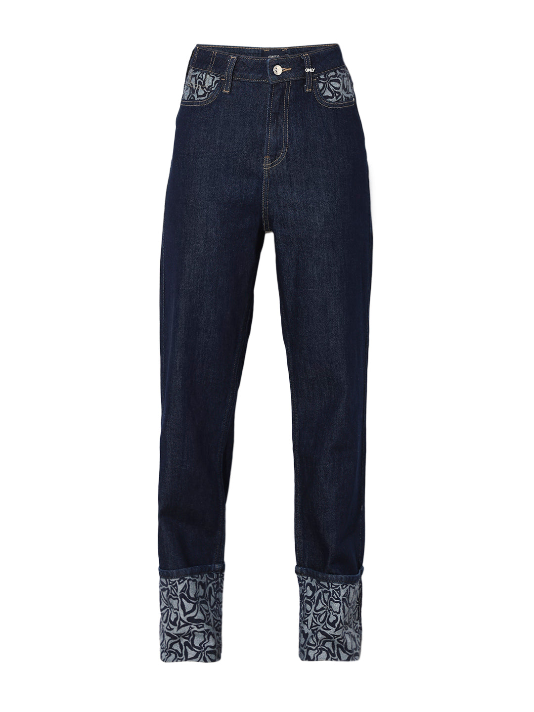Dark Blue Floral Print Straight Fit Jeans