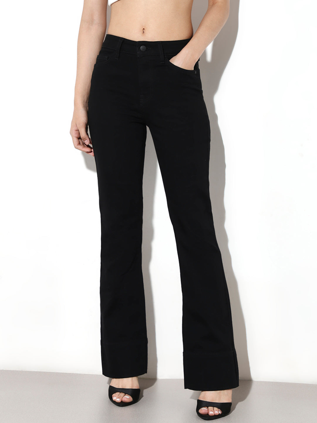 Black Mid Rise Flared Jeans