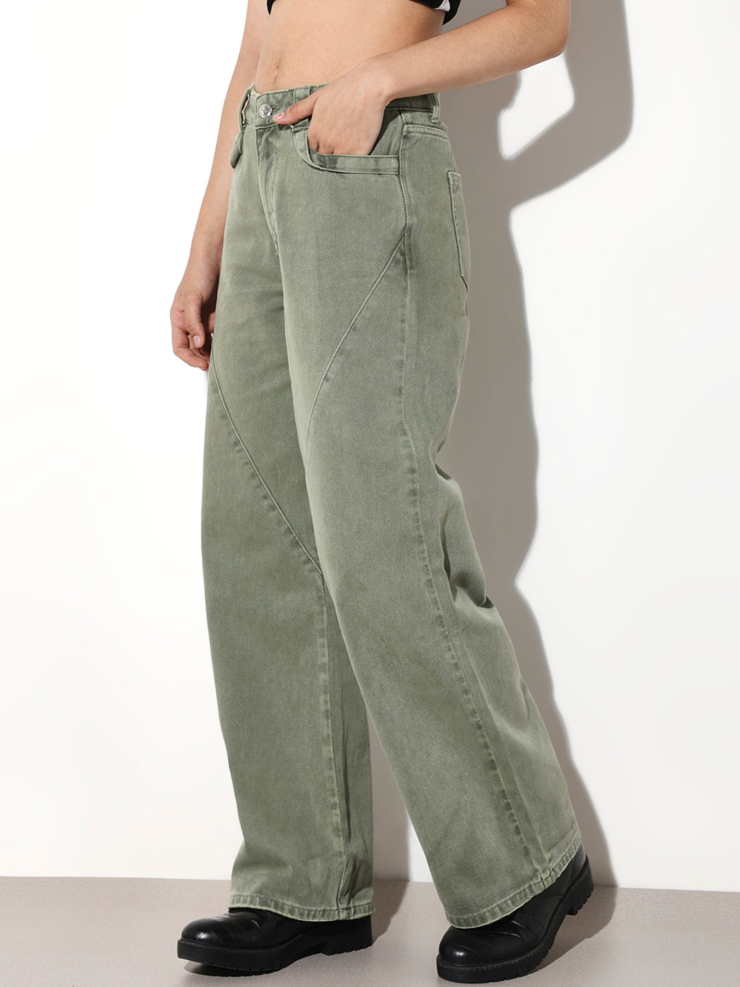 Green High Rise Wide Jeans