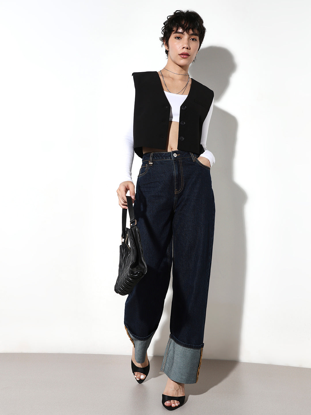 Dark Blue Turn-Up Straight Fit Jeans - Main Image