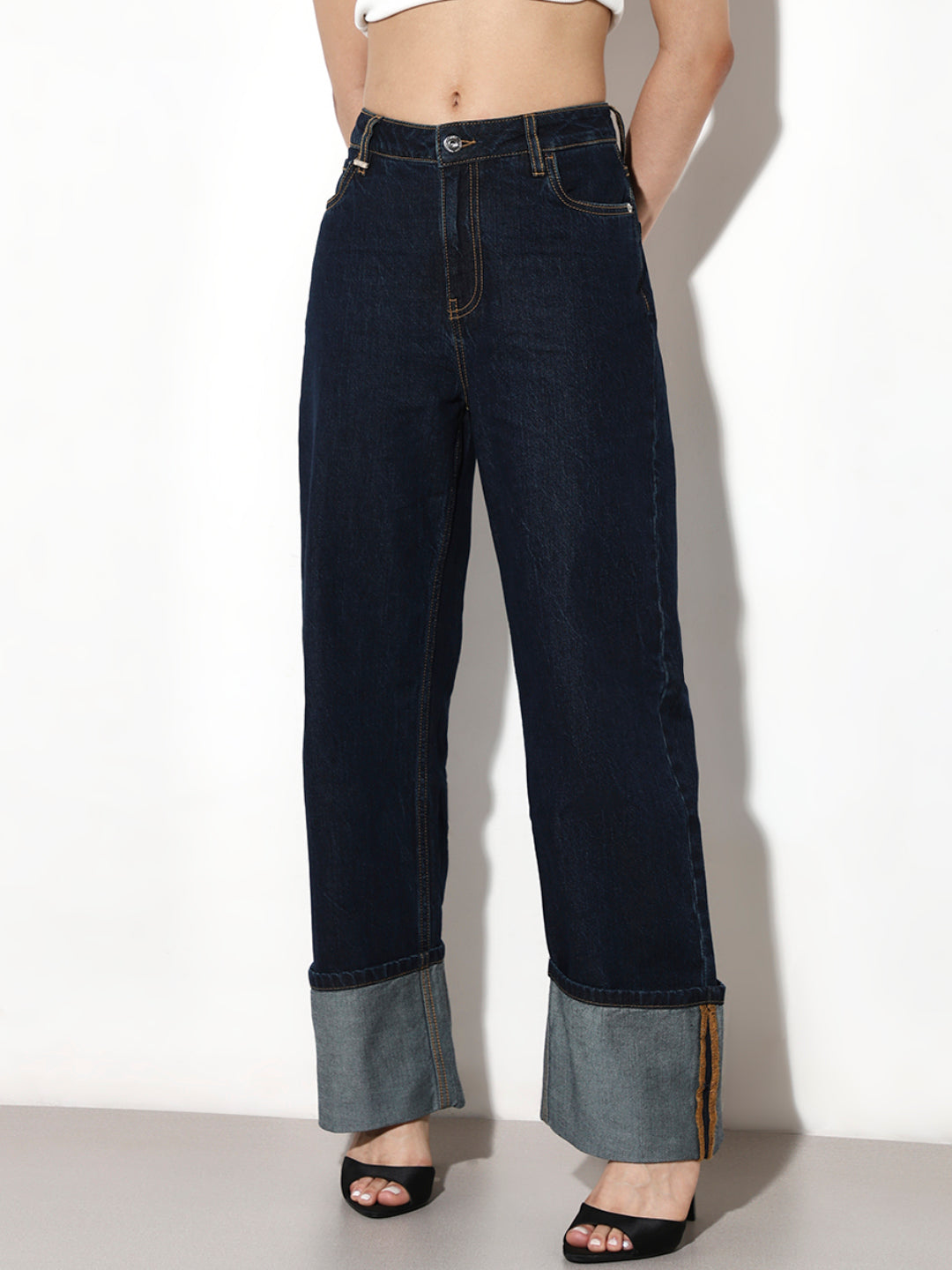 Dark Blue Turn-Up Straight Fit Jeans