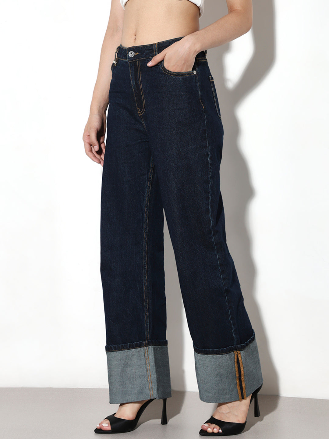 Dark Blue Turn-Up Straight Fit Jeans