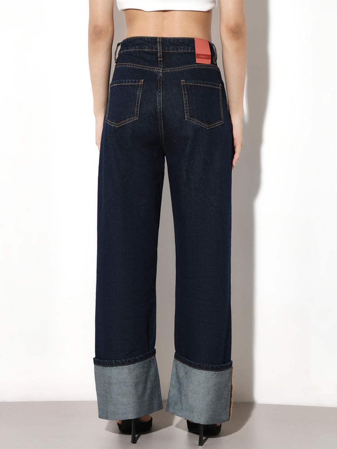Dark Blue Turn-Up Straight Fit Jeans