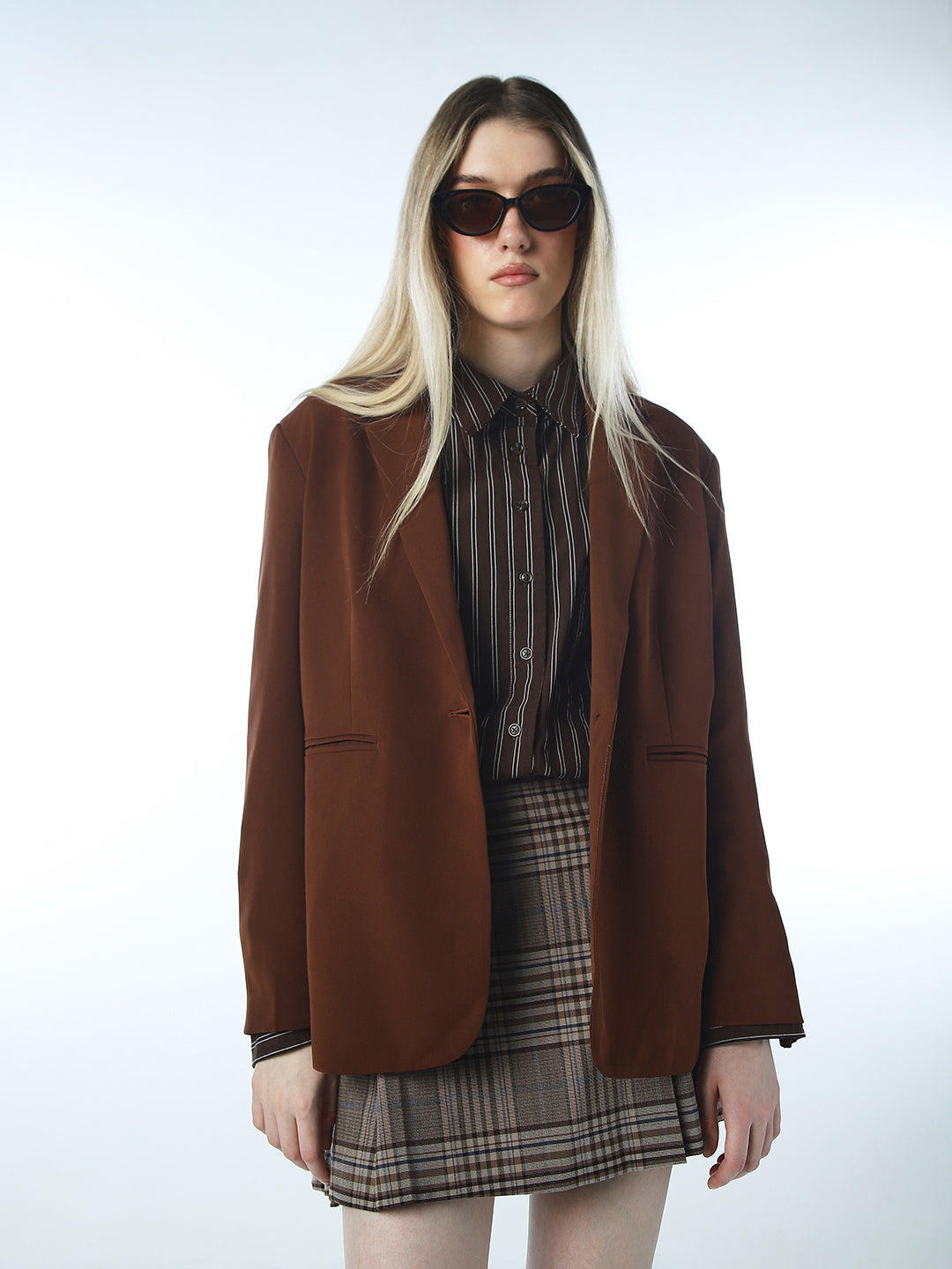 Brown Plaid Tailored Blazer Jacket main image 0