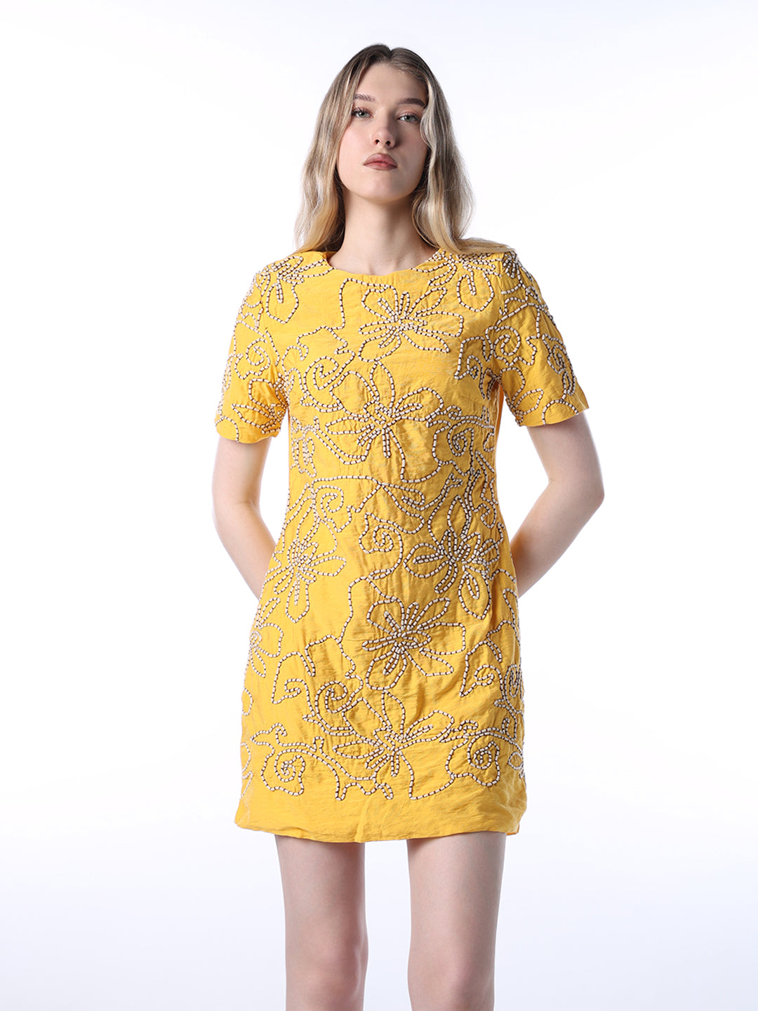 Yellow Embroidered Short Dress