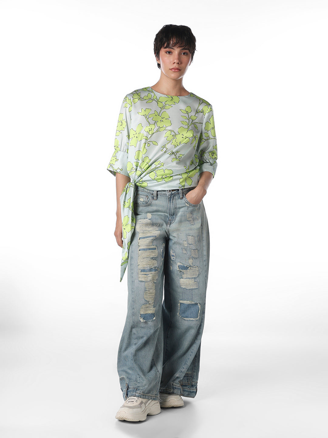 Tie-Detail Satin Printed Top