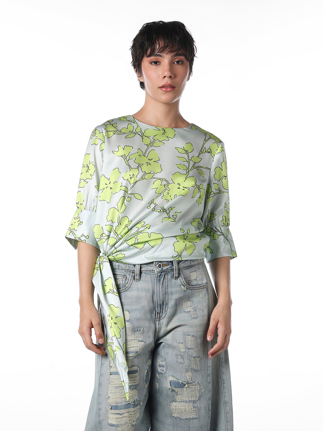 Tie-Detail Satin Printed Top