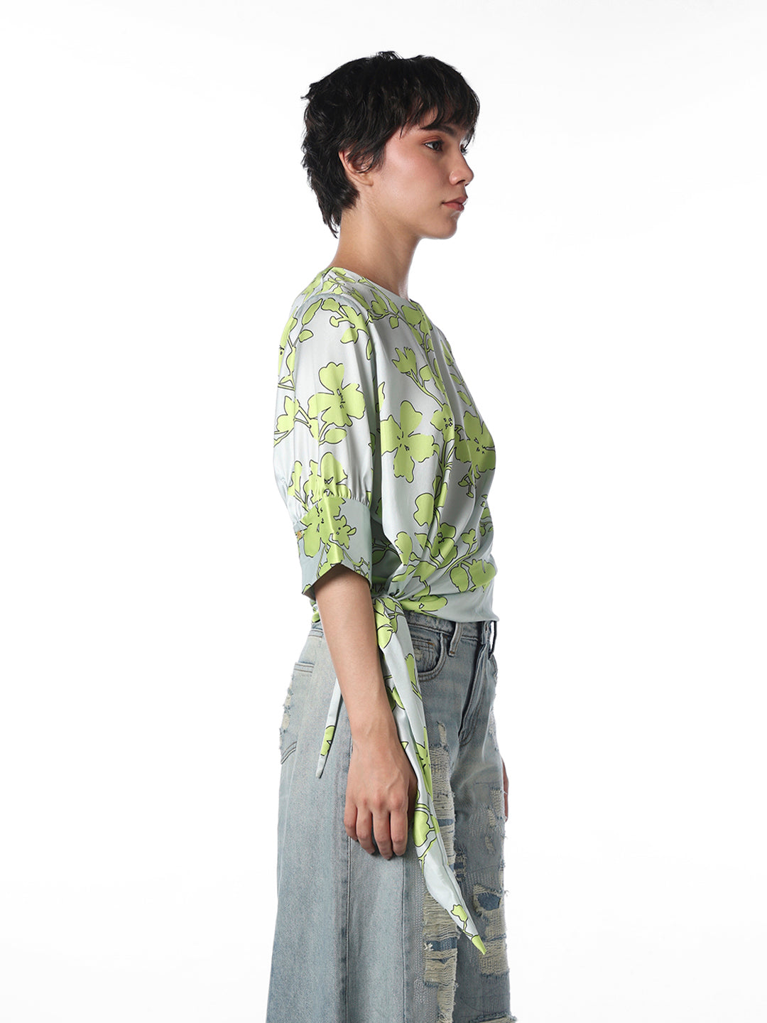 Tie-Detail Satin Printed Top