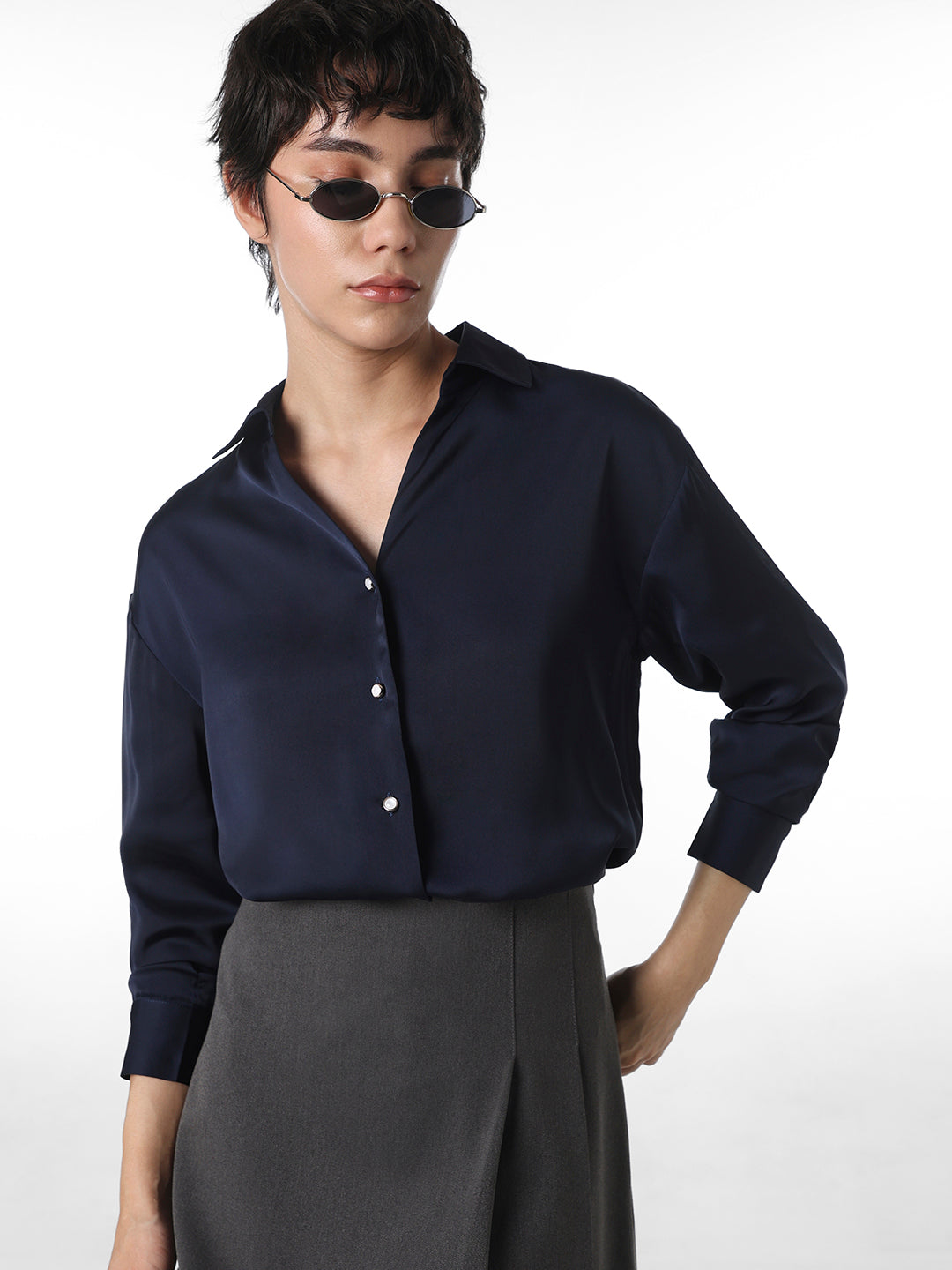 Navy Blue Satin Shirt