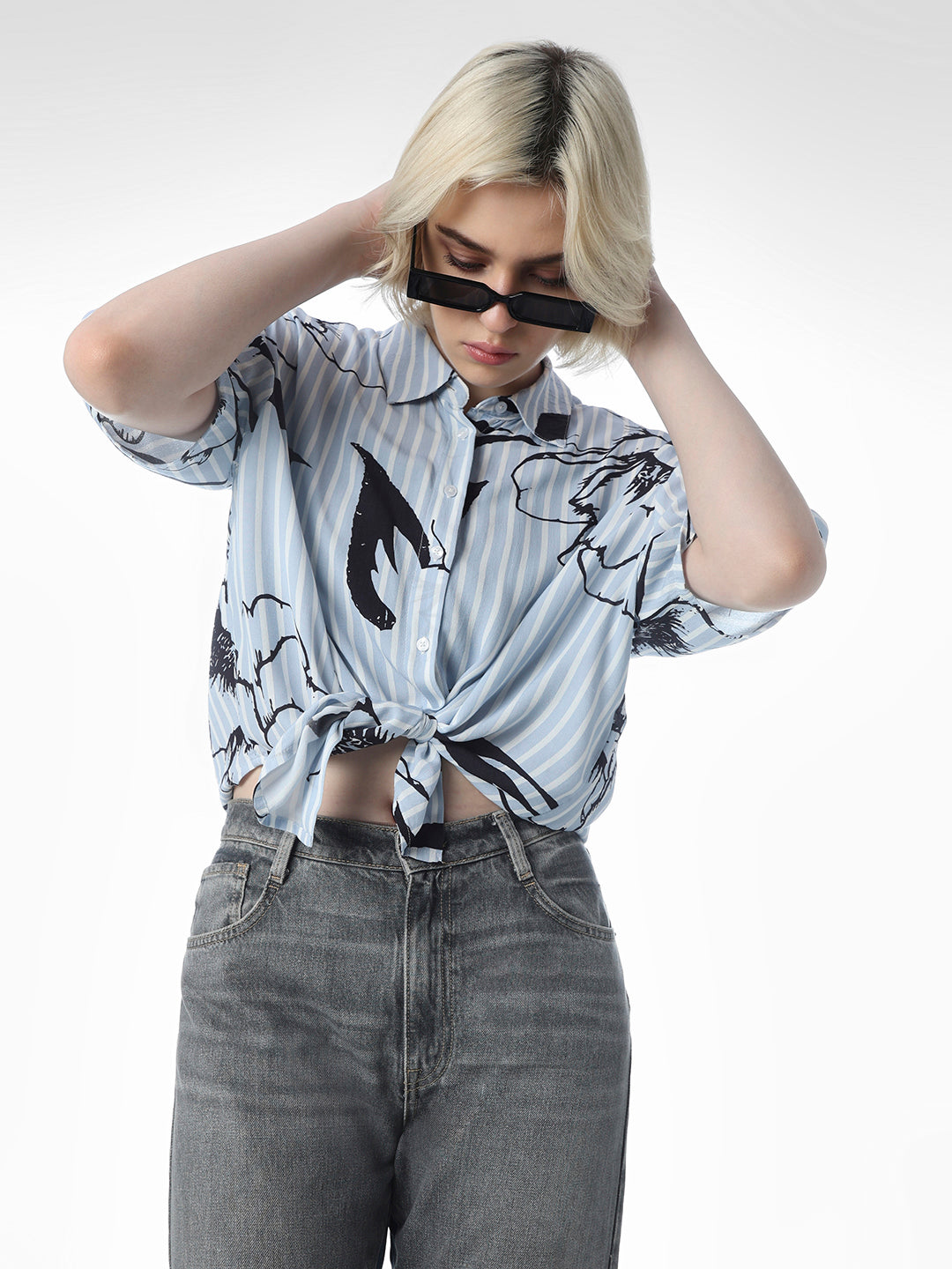 Blue Printed Cropped Shirt