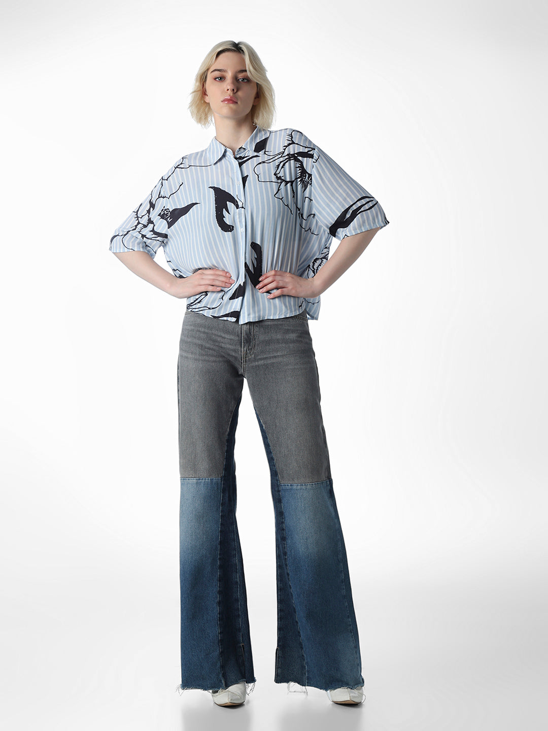 Blue Printed Cropped Shirt