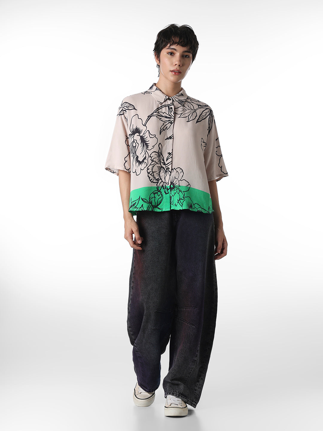 Beige Floral Cropped Shirt