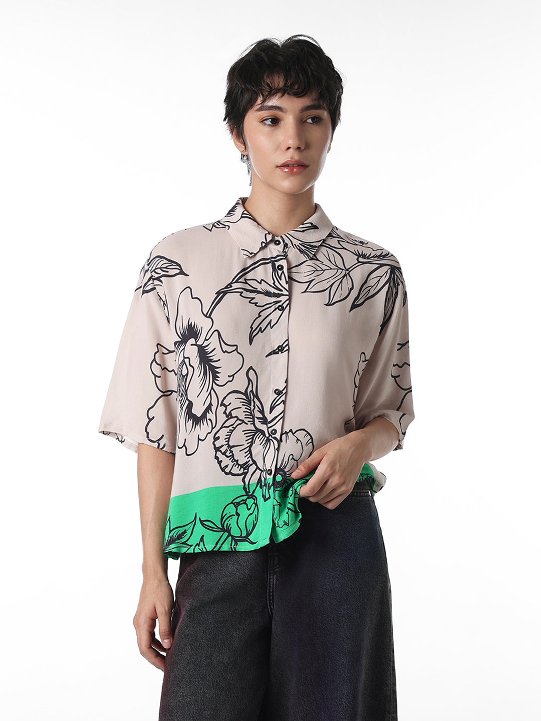 Beige Floral Cropped Shirt