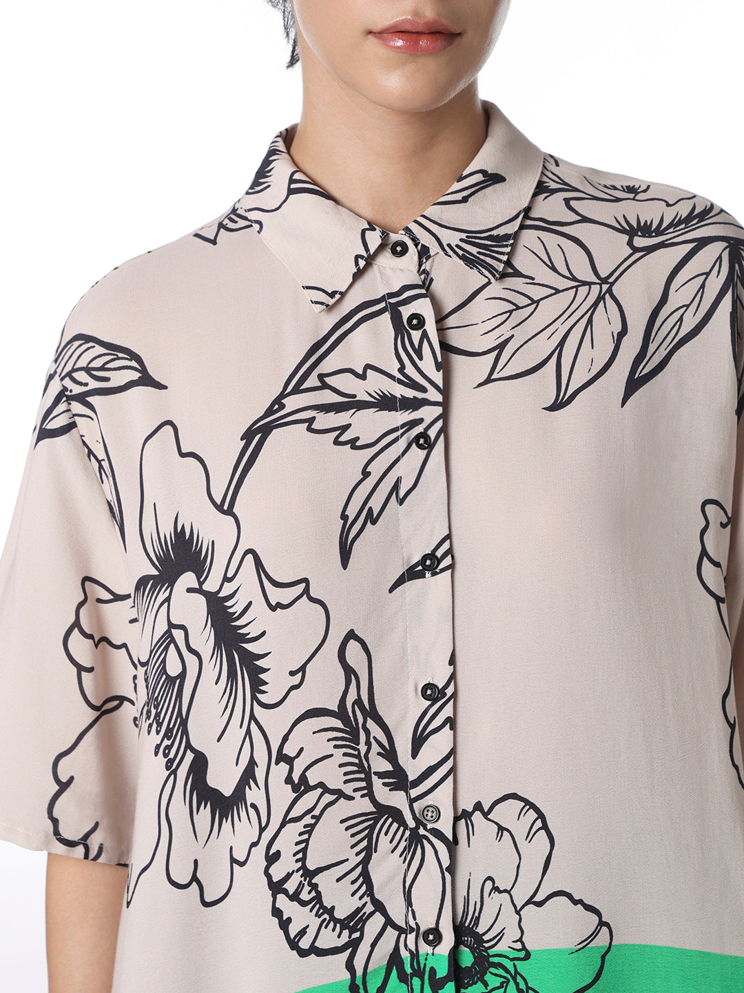 Beige Floral Cropped Shirt