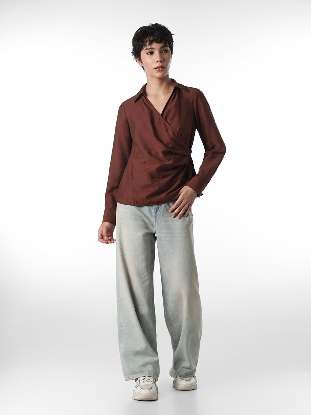 Maroon Ruched Wrap Shirt