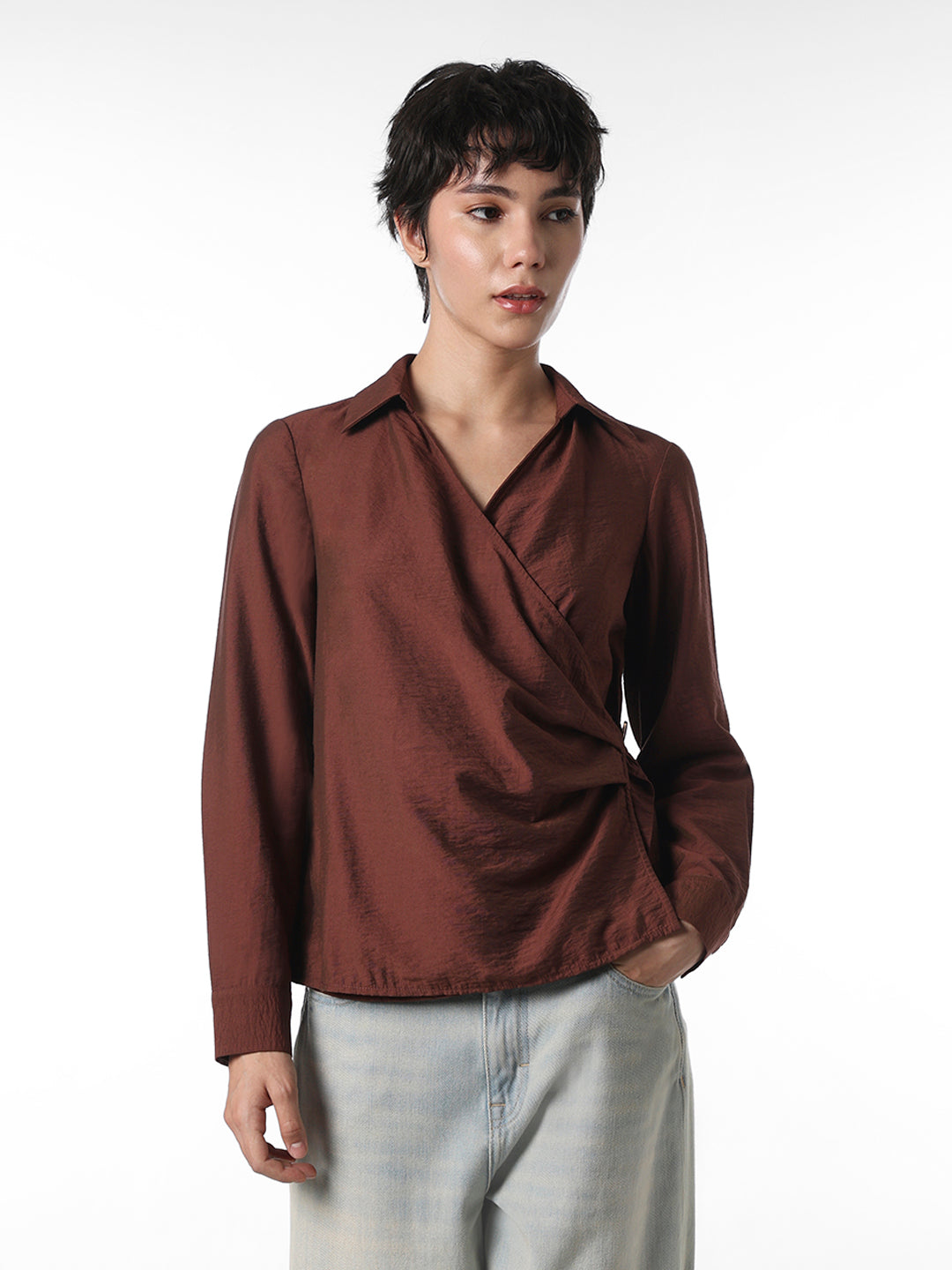 Maroon Ruched Wrap Shirt