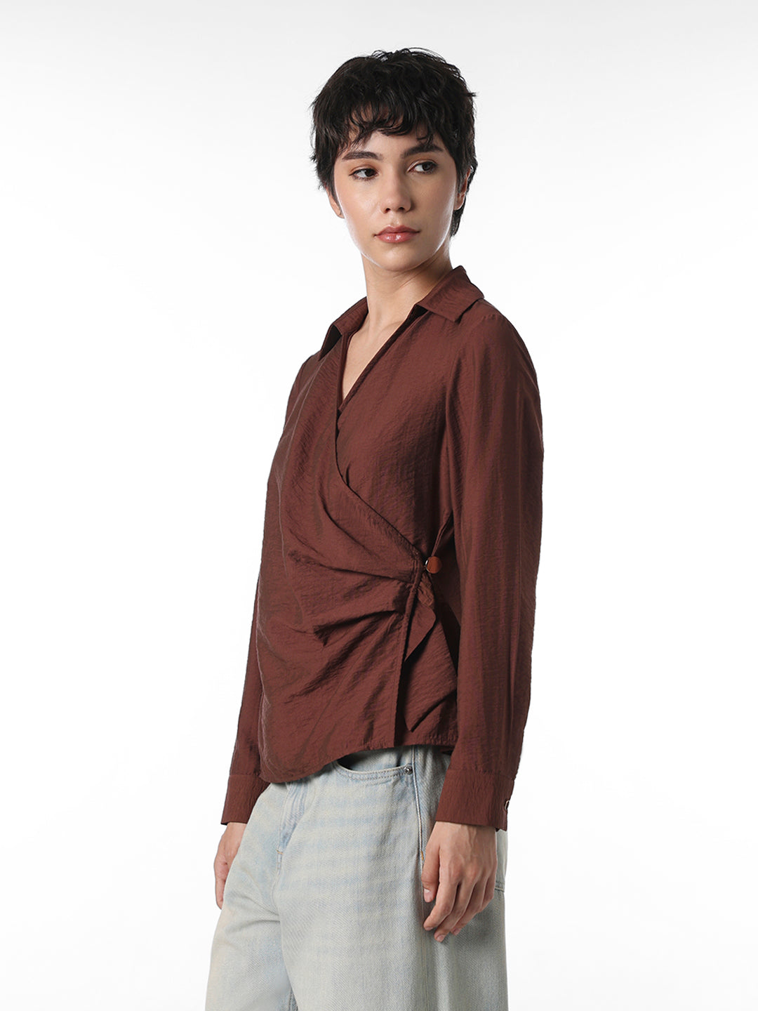 Maroon Ruched Wrap Shirt