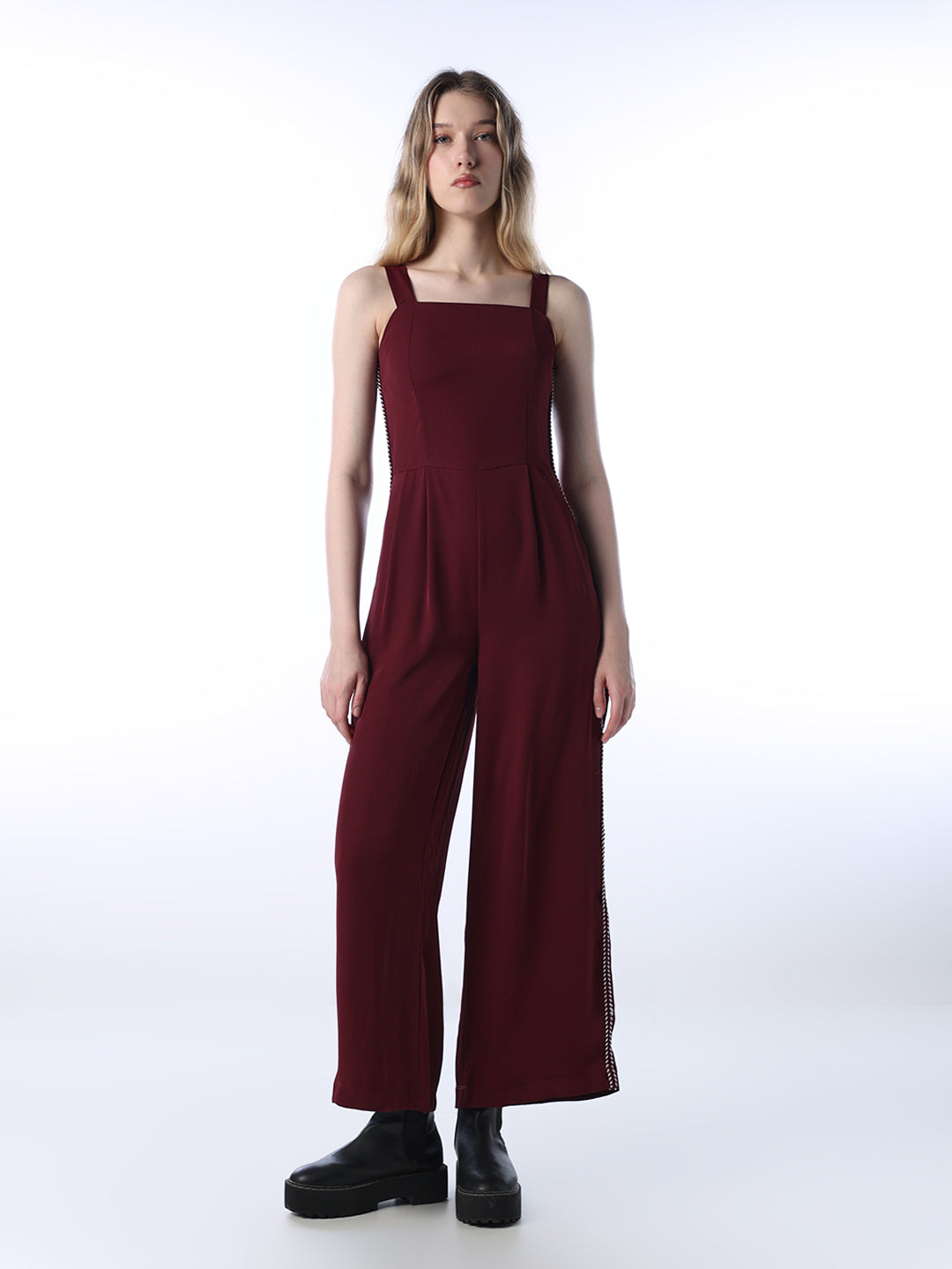 Maroon Contrast Side Tape Jumpsuit