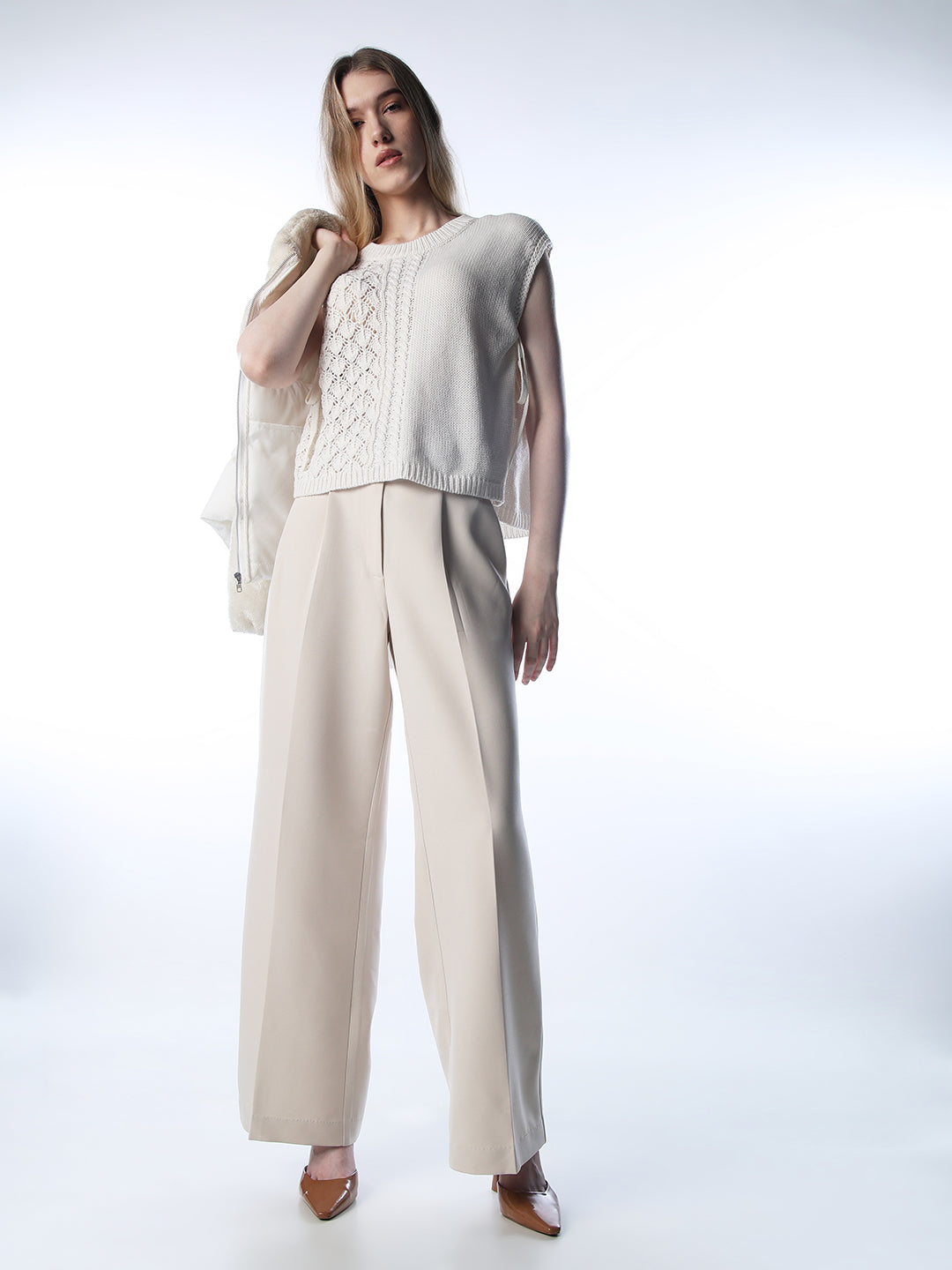 Beige Belt Detail Flared Pants