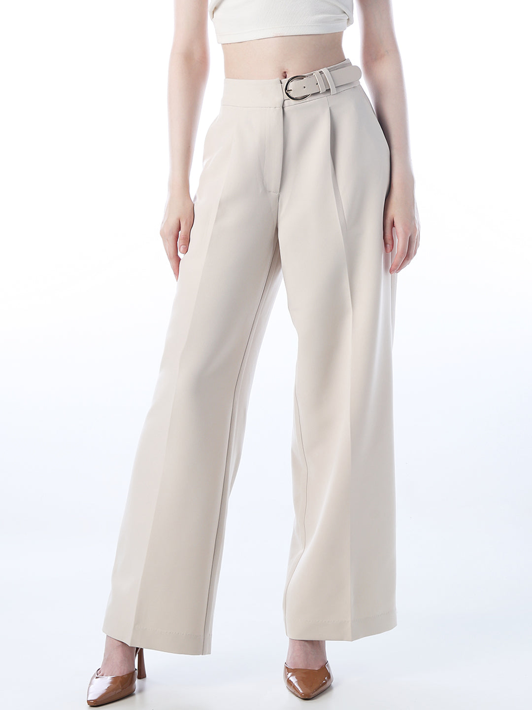 Beige Belt Detail Flared Pants