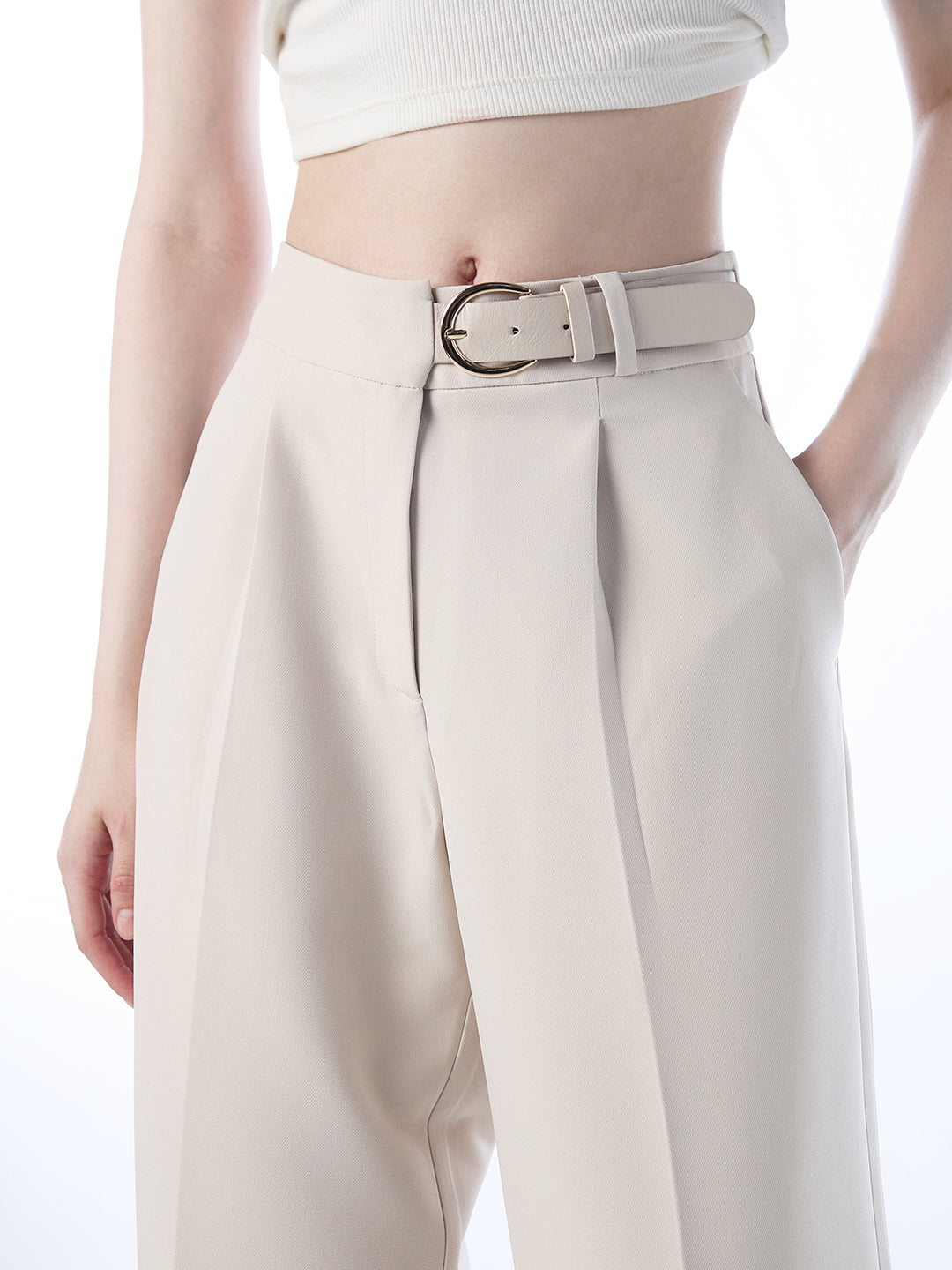 Beige Belt Detail Flared Pants