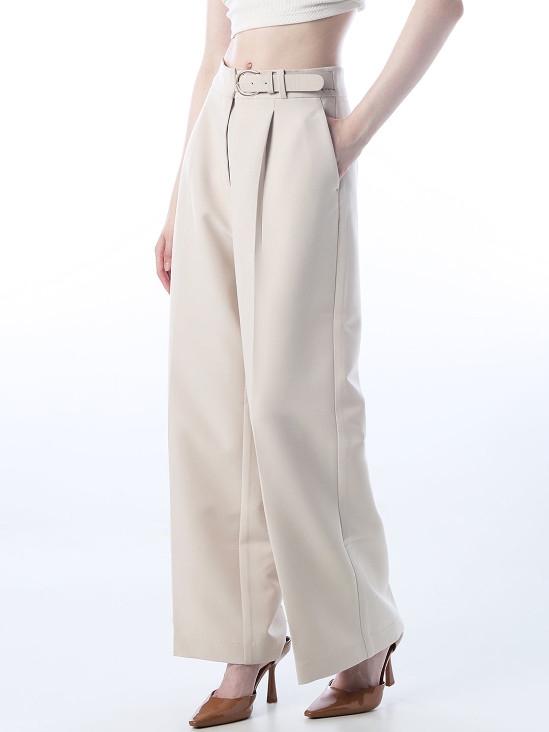 Beige Belt Detail Flared Pants