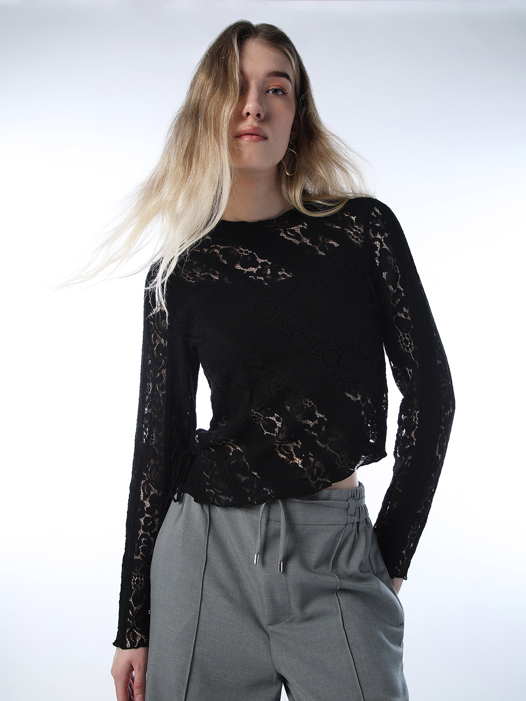 Mock-Neck Lace Top - Black