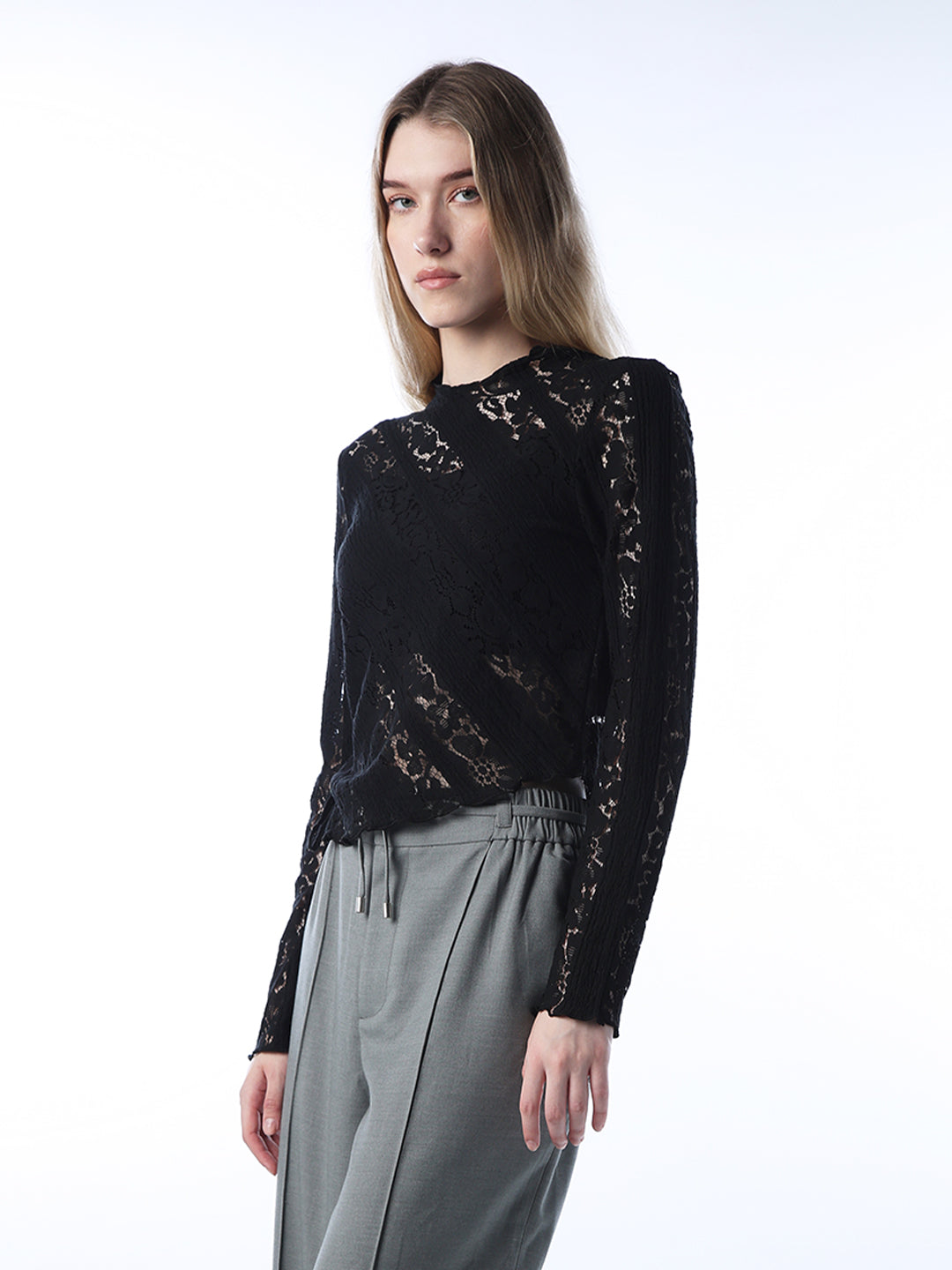 Mock-Neck Lace Top - Black