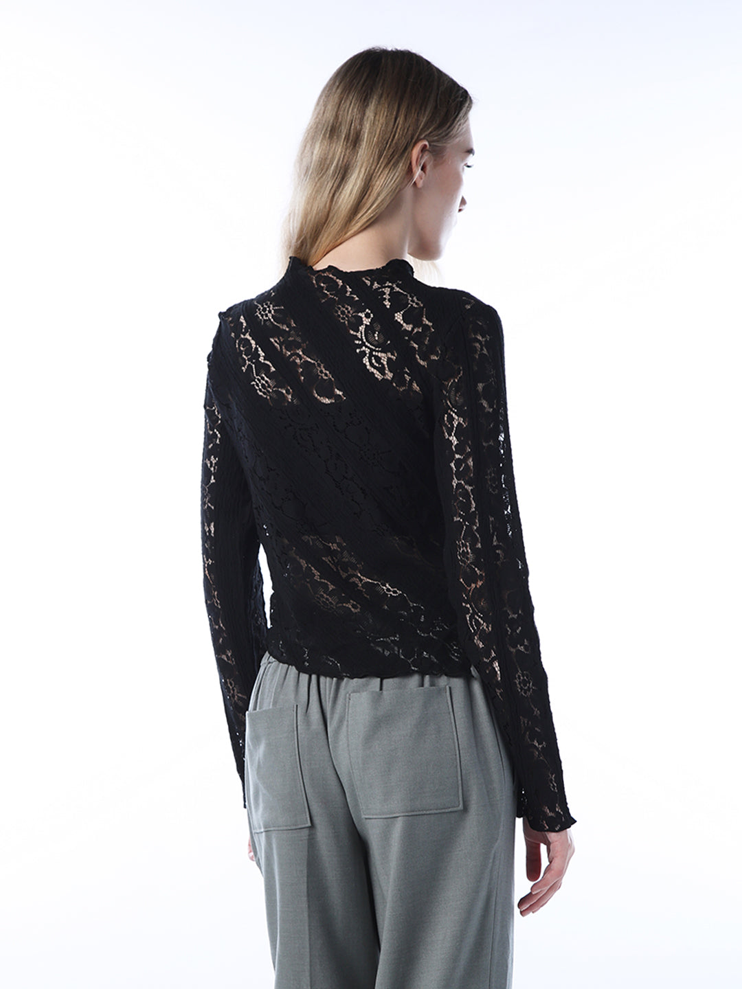 Mock-Neck Lace Top - Black