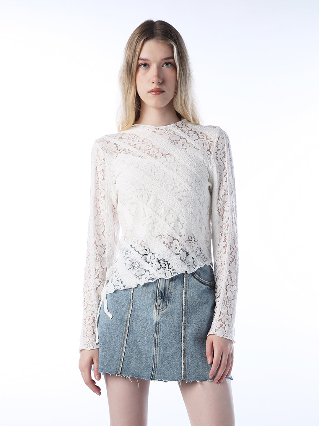 Mock-Neck Lace Top - White