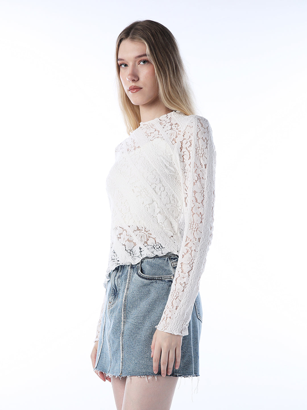 Mock-Neck Lace Top - White