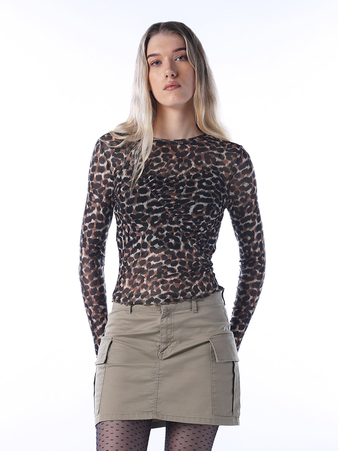 Animal Print Ruched Mesh Top