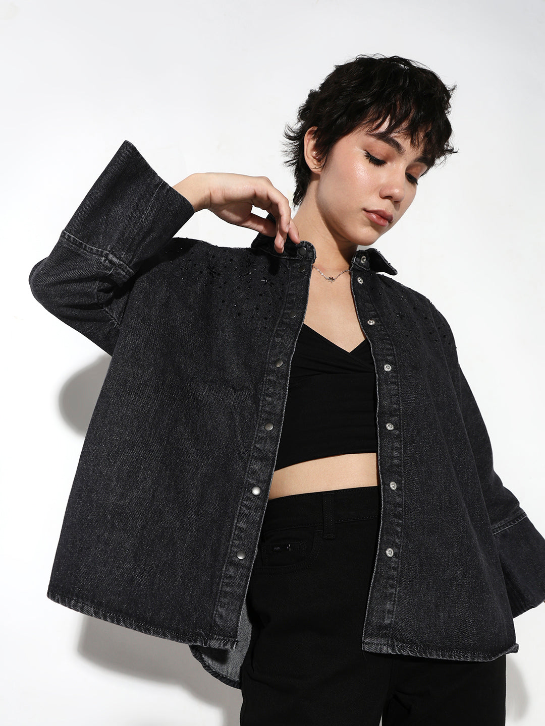 Black Embellished Loose Fit Shirt