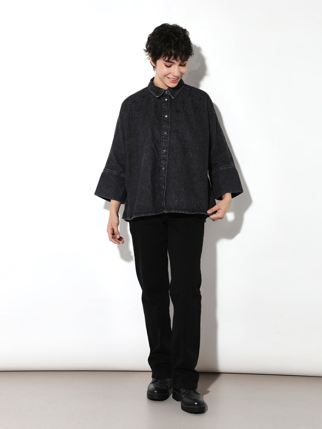 Black Embellished Loose Fit Shirt