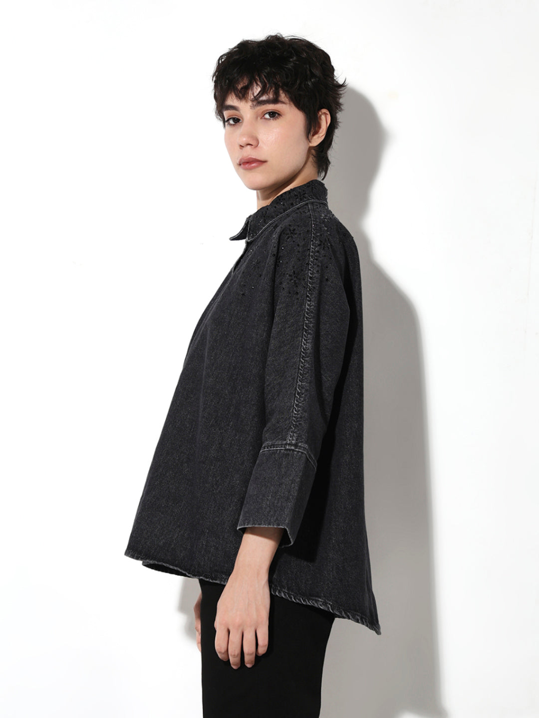 Black Embellished Loose Fit Shirt